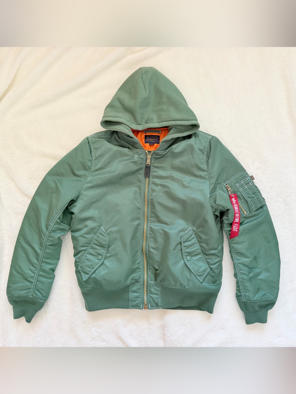 Alpha Industries MA-1 Natus Hooded Bomber Jacket - Green w/Orange lining - Large